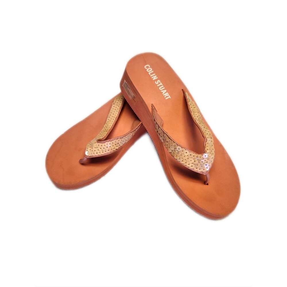 Colin Stuart Orange Flip Flop Sandals, 1.5" Wedge, Sequin Thong Straps, 8